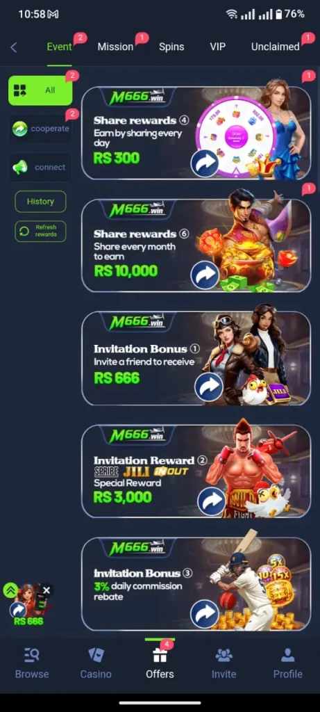 M666 Game this image shows daily missions and collecting rewards.