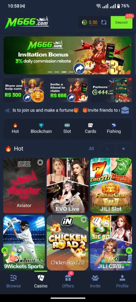 M666 Game app interface showing various casino and mini-games like Dragon Tiger, Ludo, and Roulette on a smartphone screen.