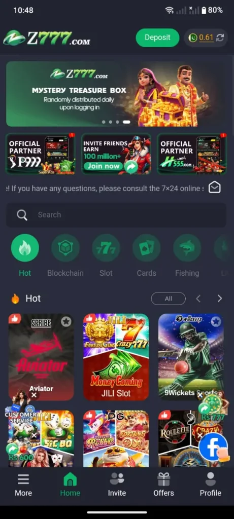 Z777 Game App Interface showing casino and card games on Android phone.