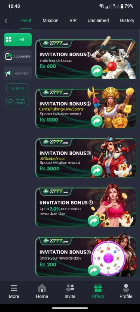 Z777 Game app with multiple mini-games and bonus rewards.